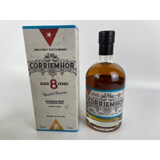 THE CORRIEMHOR Single  Malt SCOTCH WHISKY SPECIAL RESERVE  Matured in Sherry and Bourbon Cask AGED 8 YEARS  0,70L 46,0% Vol. Alc.